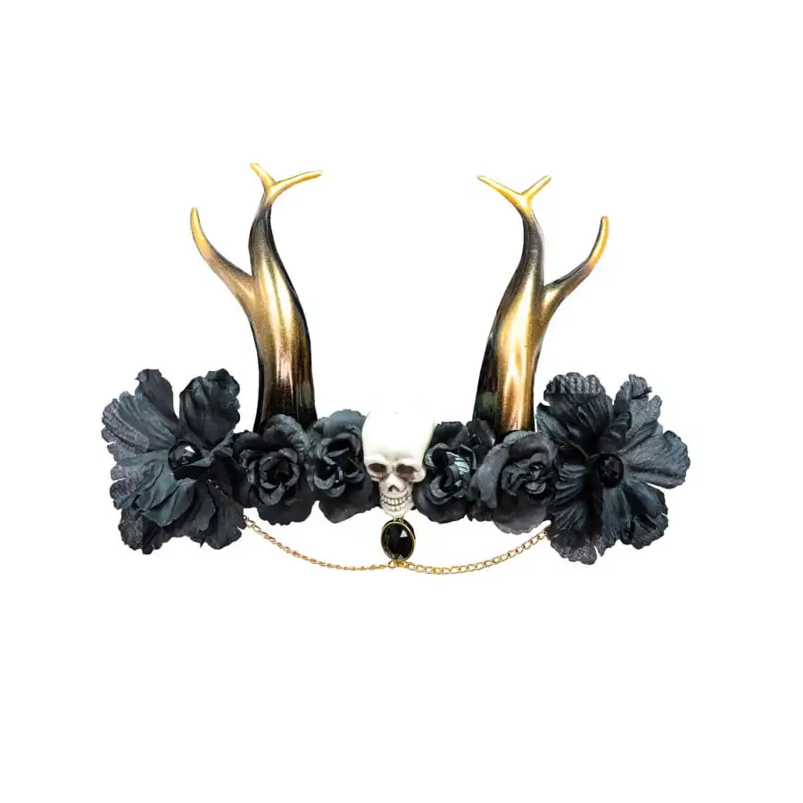 Coiffe De Fleurs Noires Avec Bois Dorés