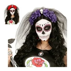 Coiffe Dia De Los Muertos Avec Voile Et Fleurs