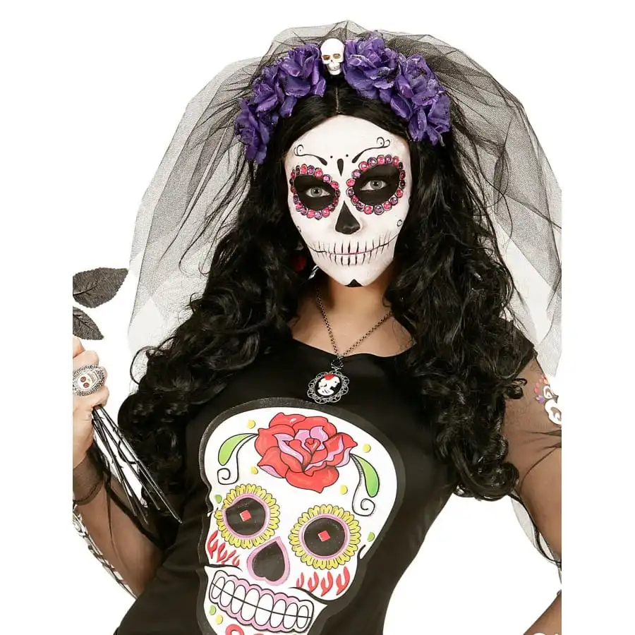 Coiffe Dia De Los Muertos Avec Voile Et Fleurs – Image 3