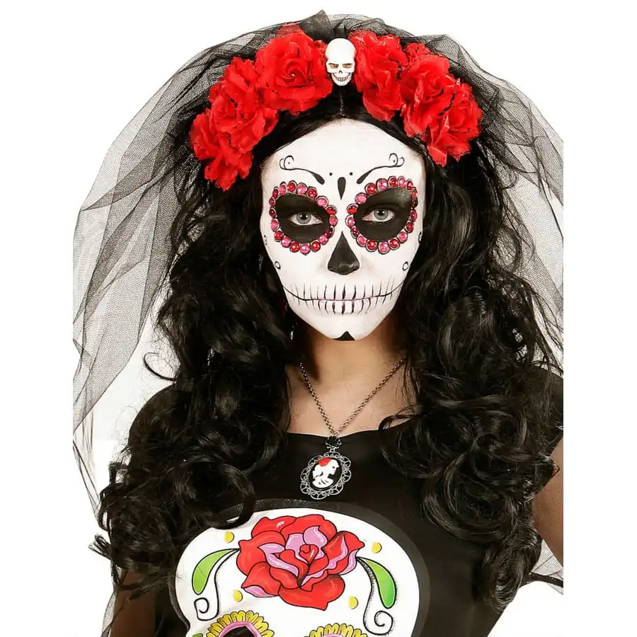 Coiffe Dia De Los Muertos Avec Voile Et Fleurs – Image 4