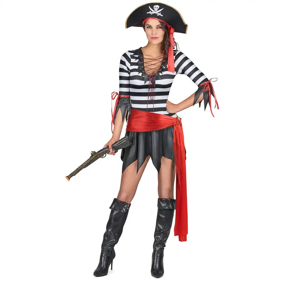 Costume Court Ligné Noir Et Blanc De Femme Pirate