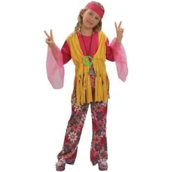 Costume Hippie Fleuri Rose Et Jaune Pour Fillette