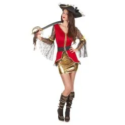 Costume Robe Courte Rouge Et Dorée De Piratesse