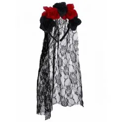 Couronne De Fleurs Noir Et Rouge Avec Voile Noir