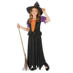 Long Costume De Petite Sorcière Noire Et Orange