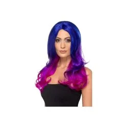 Longue Perruque Bleue Teintes De Violet, Ondulée