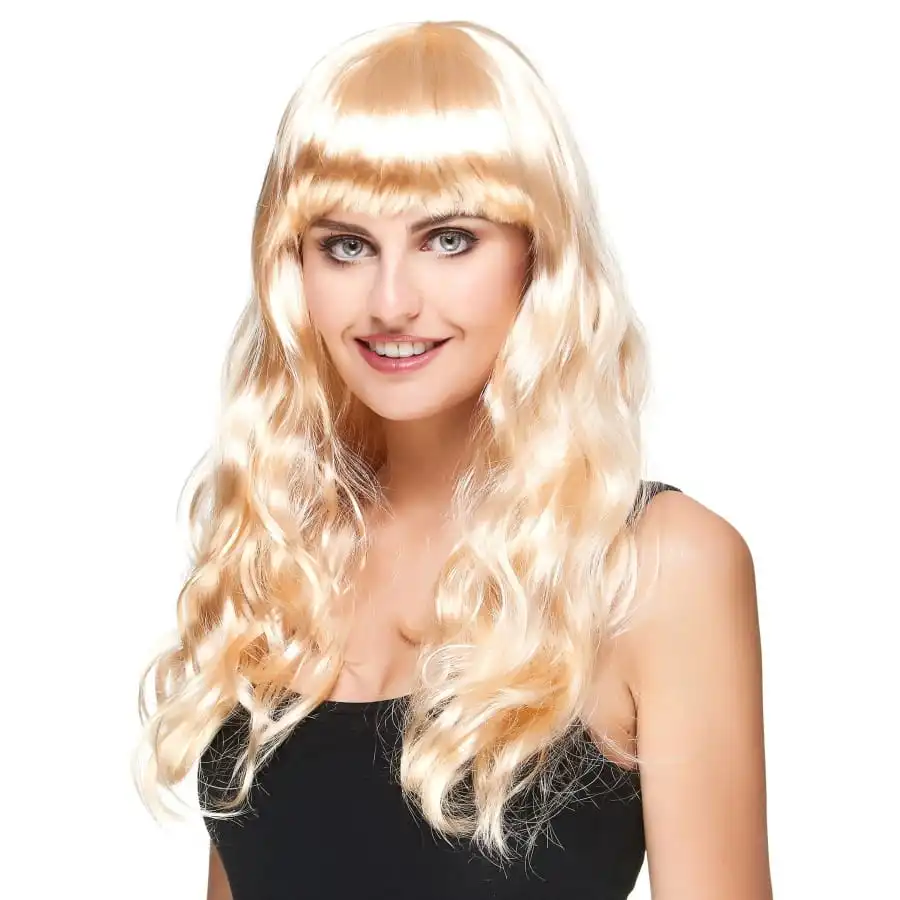 Longue Perruque Blonde Légèrement Ondulée, Frange – Image 2