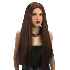 Longue Perruque Brune Lisse Avec Raie Centrale