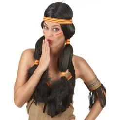 Longue Perruque Indienne Avec Couettes Et Bandeau