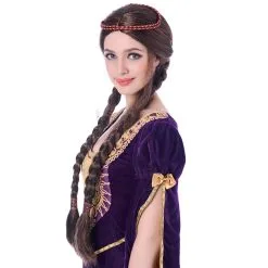 Longue Perruque Médiévale Chatain Avec Tresses