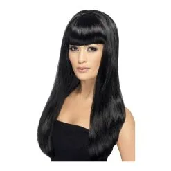 Longue Perruque Noire Lisse Avec Frange