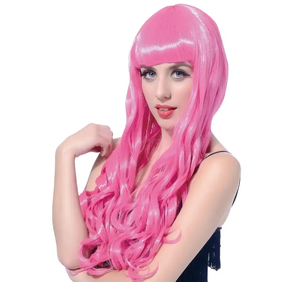 Longue Perruque Rose Ondulée Avec Frange Droite – Image 2