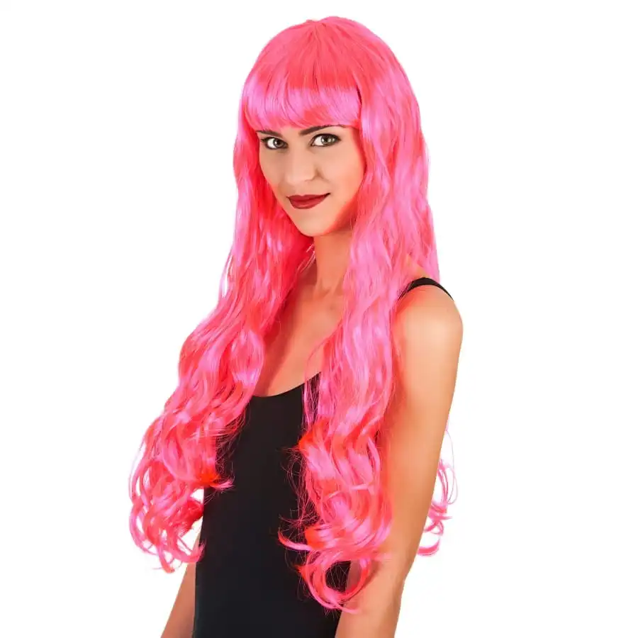 Longue Perruque Rose Ondulée Avec Frange Droite