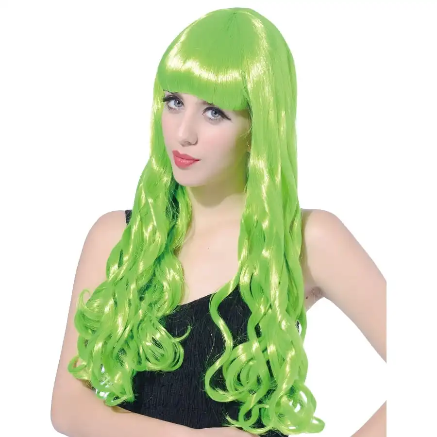 Longue Perruque Verte Fluo Ondulée – Image 2