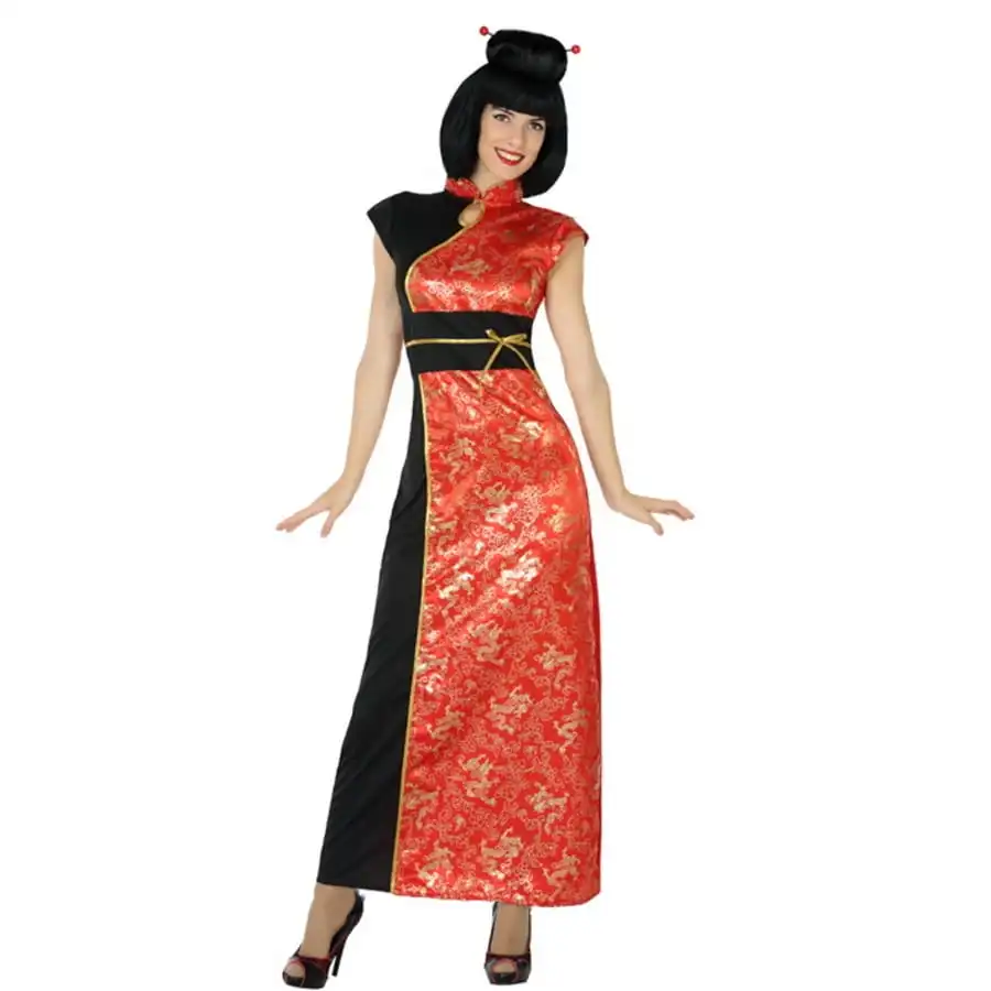 Longue Robe Rouge Noire Motifs Dorés De Chinoise