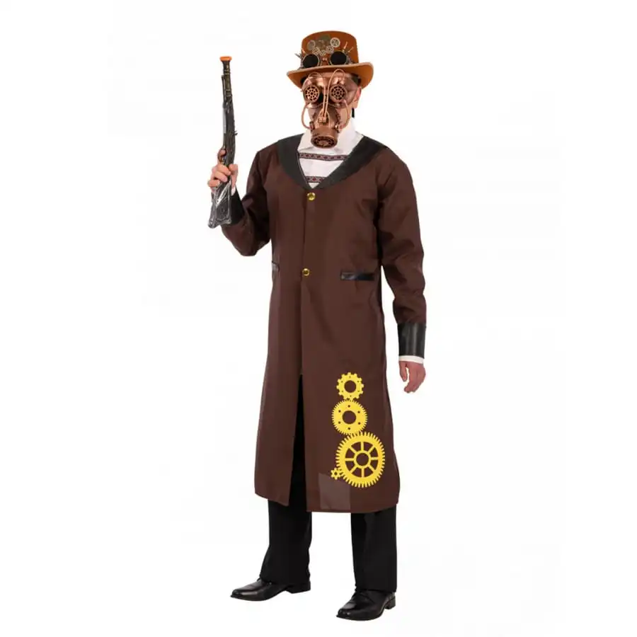 Longue Veste Steampunk Marron Avec Jabot, Homme