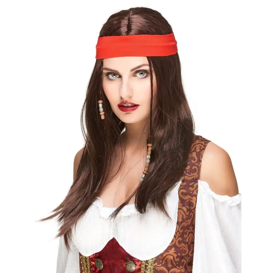 Perruque Brune De Pirate Avec Bandeau Rouge