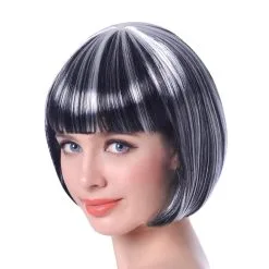 Perruque Carré Court Noir Mèches Blanches