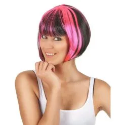 Perruque Carré Court Noir Mèches Rose