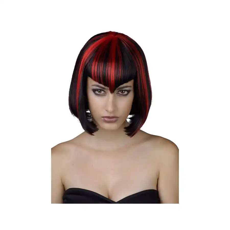 Perruque Carré Noir Et Rouge, Frange En Pointe
