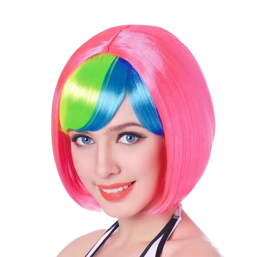 Perruque Carré Rose Frange Multicolore
