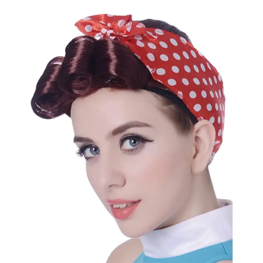 Perruque Chatain Courte Avec Foulard Rouge 50's – Image 2
