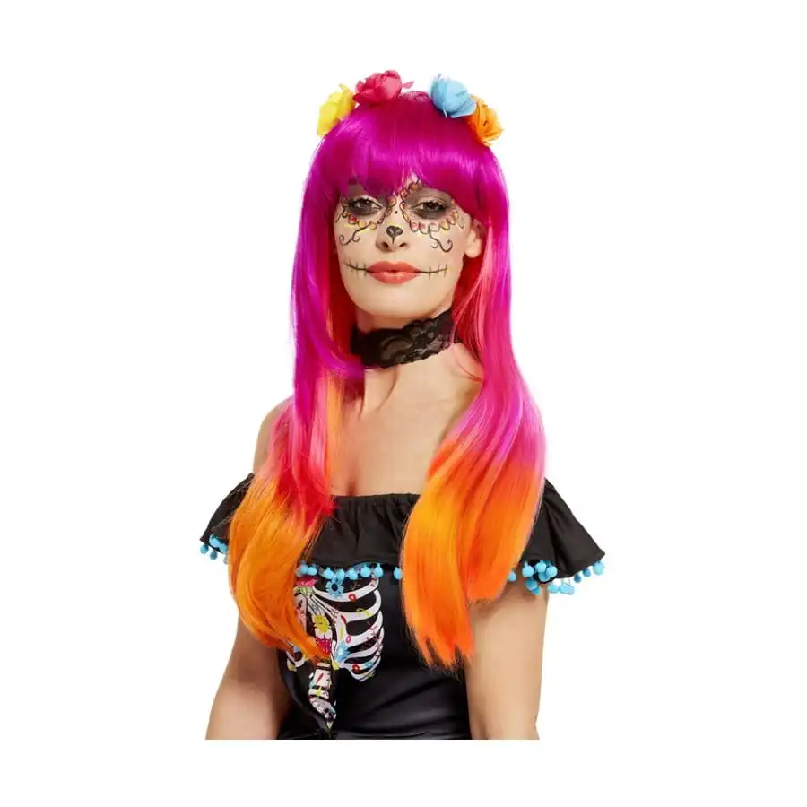 Perruque Rose Et Orange Dia De Los Muertos – Image 2
