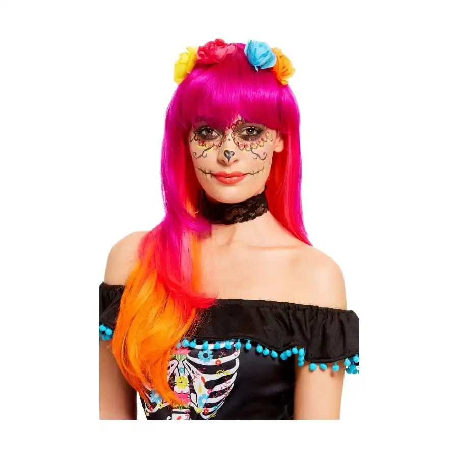 Perruque Rose Et Orange Dia De Los Muertos