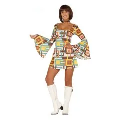 Robe Disco Courte Motifs Rectangle Marron, Femme