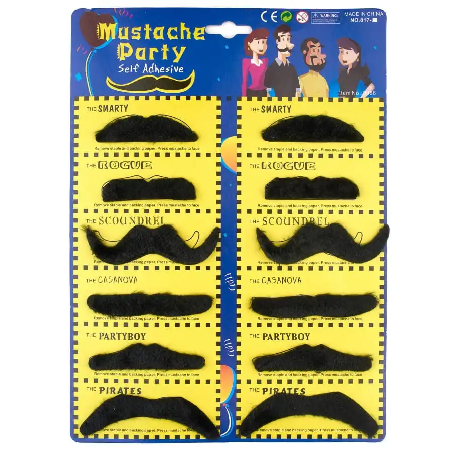 Set De 12 Moustaches Noires Adhésives
