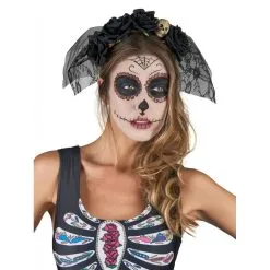 Voile Dia De Los Muertos Noir Avec Fleurs